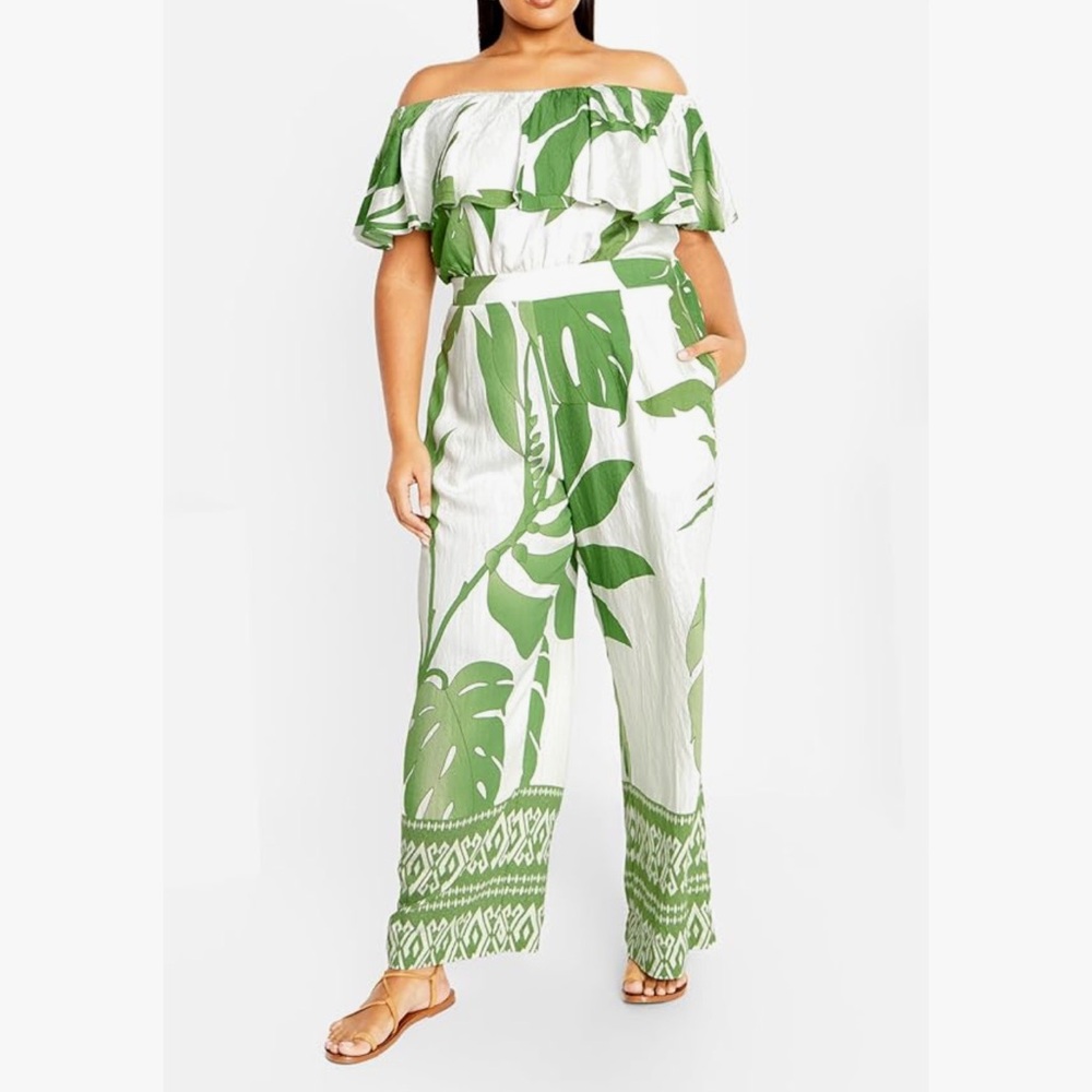 Green Leaf Print Off-Shoulder Jumpsuit - Never Worn
